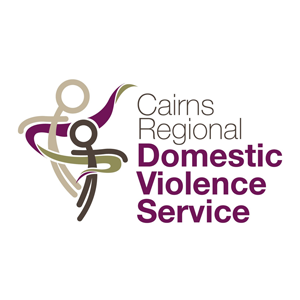 two figures intertwined in gold and purple and dark grey with Cairns Regional Domestic Violence Service