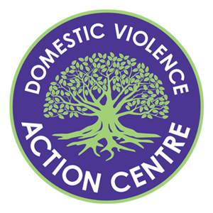 A green Morton Bay fig tree on a purple background with the words Domestic Violence Action Centre around in white