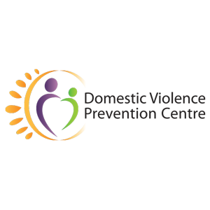 Two figures making a heart shape within a circle and Domestic Violence Prevention Centre