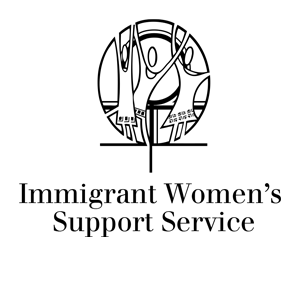 Outlines of 3 figures with their arms in the air, above a female symbol and words Immigrant Women's Support Service