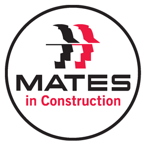 Black and red side profile of faces with Mates in Construction.