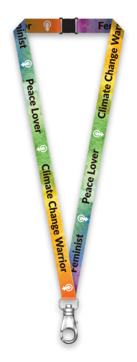 Rainbow coloured lanyard with Feminist, Peace Lover, Climate Change Warrior in black letters