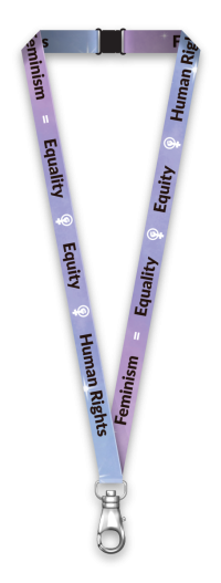 Green lanyard with Feminism Equality Equity Human Rights in black letters